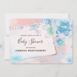 ピンクかわいらしの背景に青い花ベビーシャワー 招待状