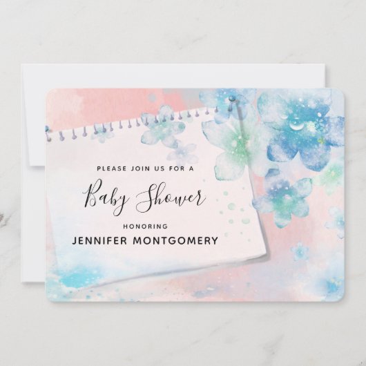 ピンクかわいらしの背景に青い花ベビーシャワー 招待状 (正面)