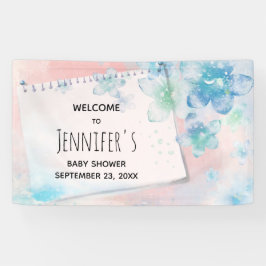 ピンクかわいらしの背景に青い花ベビーシャワー 横断幕