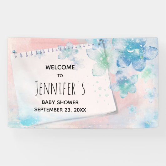 ピンクかわいらしの背景に青い花ベビーシャワー 横断幕 (横)