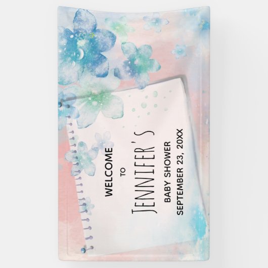 ピンクかわいらしの背景に青い花ベビーシャワー 横断幕 (縦)