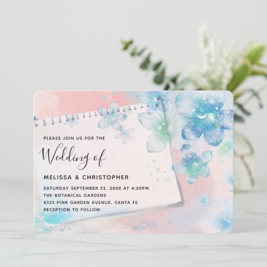 ピンクかわいらしの背景に青い花結婚たち 招待状 (スタンド正面)