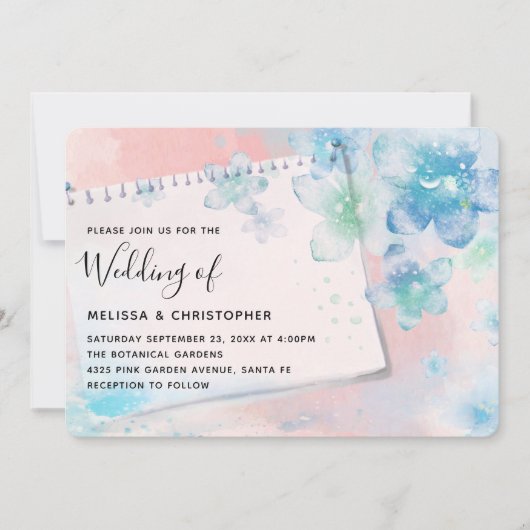 ピンクかわいらしの背景に青い花結婚たち 招待状 (正面)