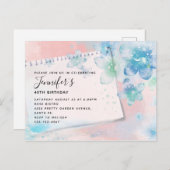 ピンクかわいらしの背景に青い花誕生日 インビテーションポストカード (正面/裏面)