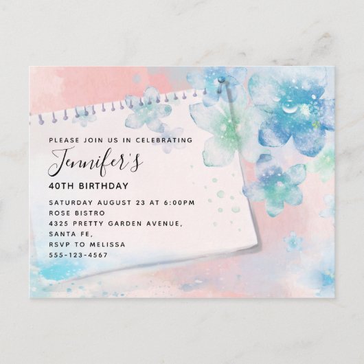 ピンクかわいらしの背景に青い花誕生日 インビテーションポストカード (正面)