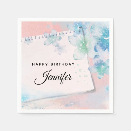 ピンクかわいらしの背景に青い花誕生日 スタンダードカクテルナプキン (正面)