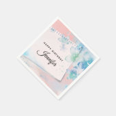 ピンクかわいらしの背景に青い花誕生日 スタンダードカクテルナプキン (角)