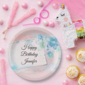 ピンクかわいらしの背景に青い花誕生日 ペーパープレート (パーティー)