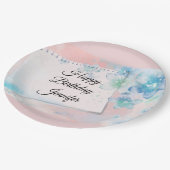 ピンクかわいらしの背景に青い花誕生日 ペーパープレート (アングル)