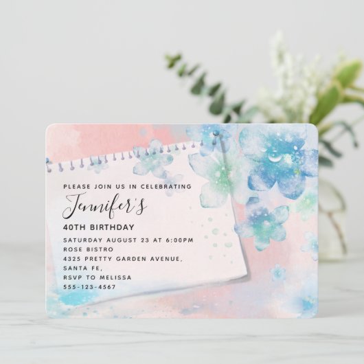 ピンクかわいらしの背景に青い花誕生日 招待状 (スタンド正面)