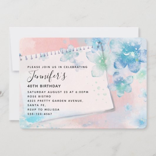 ピンクかわいらしの背景に青い花誕生日 招待状 (正面)