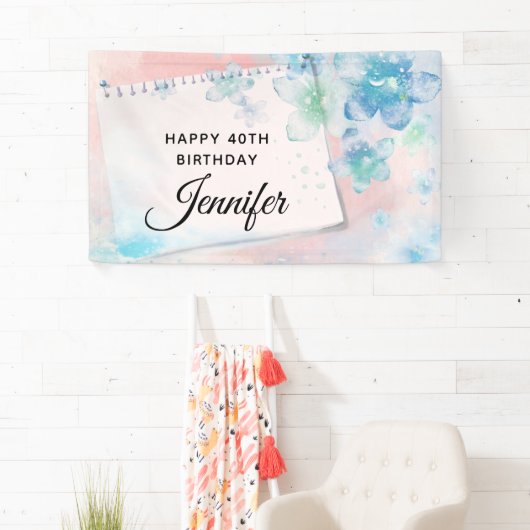 ピンクかわいらしの背景に青い花誕生日 横断幕 (インサイチュ)