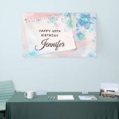 ピンクかわいらしの背景に青い花誕生日 横断幕 (トレードショー)