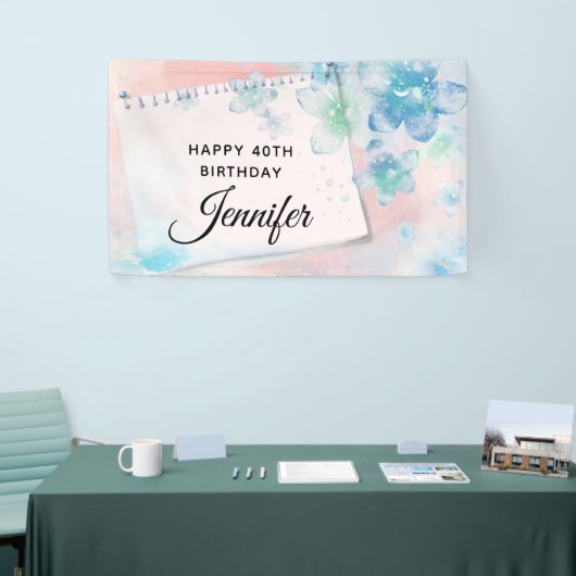 ピンクかわいらしの背景に青い花誕生日 横断幕 (トレードショー)