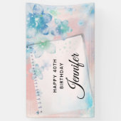 ピンクかわいらしの背景に青い花誕生日 横断幕 (縦)