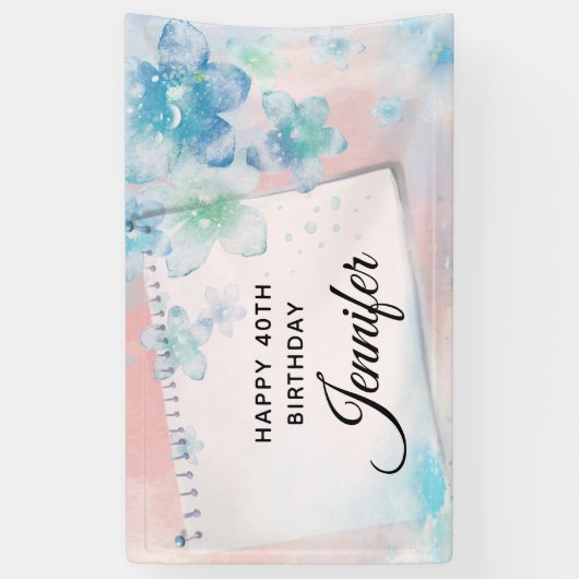 ピンクかわいらしの背景に青い花誕生日 横断幕 (縦)