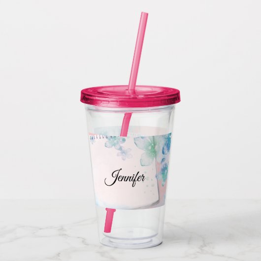 ピンクかわいらしの背景に青い花 アクリルタンブラー (裏面)