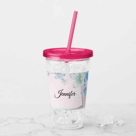 ピンクかわいらしの背景に青い花 アクリルタンブラー (アイス裏面)