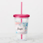 ピンクかわいらしの背景に青い花 アクリルタンブラー (正面)