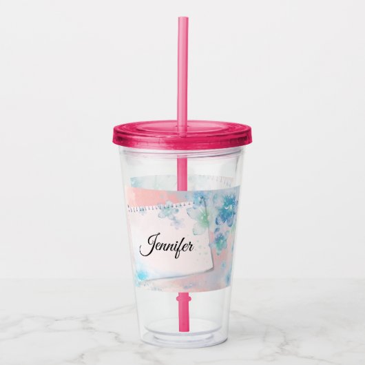 ピンクかわいらしの背景に青い花 アクリルタンブラー (正面)