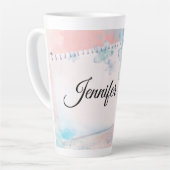 ピンクかわいらしの背景に青い花 カフェラテマグ (左アングル)