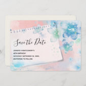 ピンクかわいらしの背景に青い花 セーブザデート (正面/裏面)