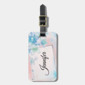 ピンクかわいらしの背景に青い花 ラゲッジタグ (正面縦)