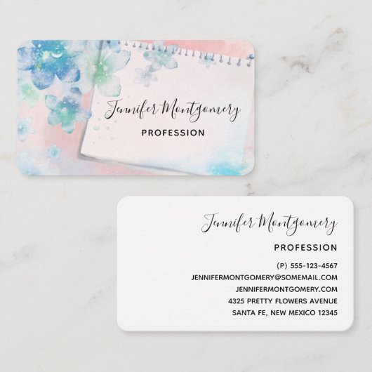 ピンクかわいらしの背景に青い花 名刺 (正面/裏面)