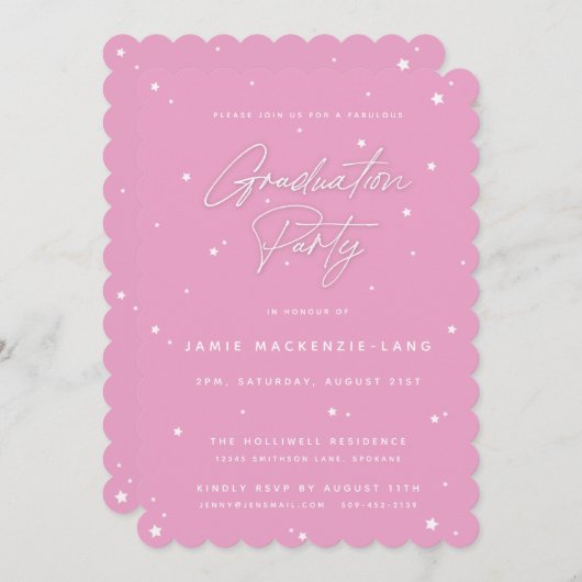 ピンクかわいらしの脚本と星の卒業パーティー 招待状 (正面/裏面)
