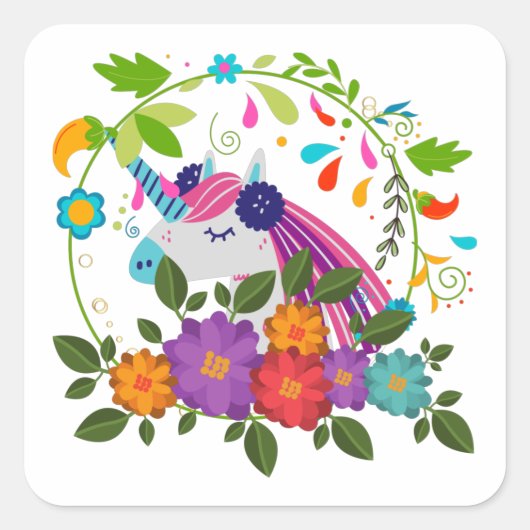 ピンクかわいらしの花かわいいユニコーンのクリスマスクリスマス スクエアシール (正面)