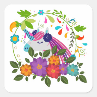 ピンクかわいらしの花かわいいユニコーンのクリスマスクリスマス スクエアシール