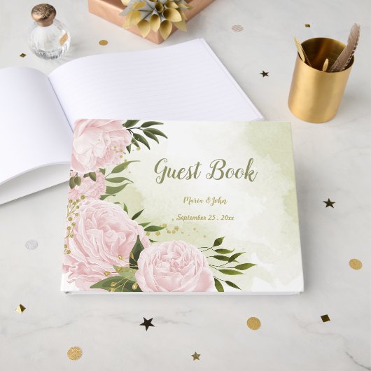 ピンクかわいらしの花が緑葉の植物 ゲストブック (正面見開き)