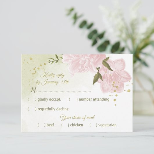 ピンクかわいらしの花が緑葉の植物 出欠カード (スタンド正面)