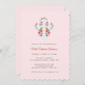 ピンクかわいらしの花とクロスバプテスマ 招待状 (正面/裏面)