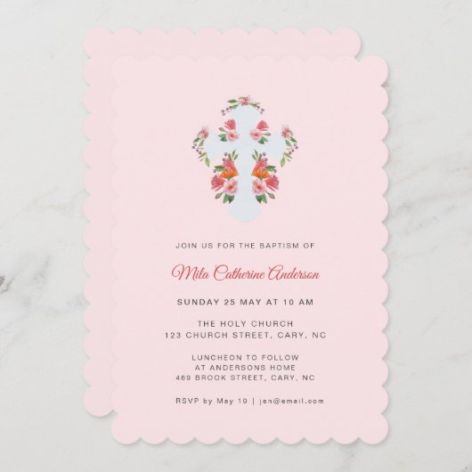 ピンクかわいらしの花とクロスバプテスマ 招待状 (正面/裏面)
