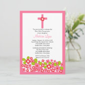 ピンクかわいらしの花とクロスファースト聖餐式 招待状 (スタンド正面)