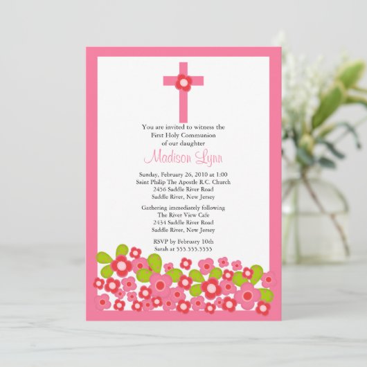 ピンクかわいらしの花とクロスファースト聖餐式 招待状 (スタンド正面)