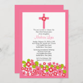ピンクかわいらしの花とクロスファースト聖餐式 招待状 (正面/裏面)