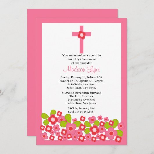 ピンクかわいらしの花とクロスファースト聖餐式 招待状 (正面/裏面)