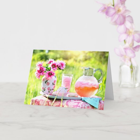 ピンクかわいらしの花とストロベリーレモネードリンク カード (蘭)