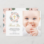 ピンクかわいらしの花と金ゴールド十字|洗礼写真 サンキューカード (正面/裏面)