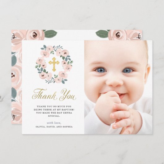 ピンクかわいらしの花と金ゴールド十字|洗礼写真 サンキューカード (正面/裏面)