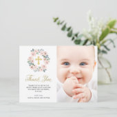 ピンクかわいらしの花と金ゴールド十字|洗礼写真 サンキューカード (スタンド正面)