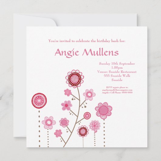 ピンクかわいらしの花のカスタム誕生日招待状 招待状 (裏面)
