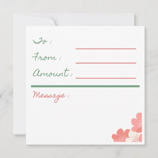 ピンクかわいらしの花のギフト券で 招待状 (裏面)