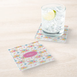 ピンクかわいらしの花のパタモノグラムのーン ガラスコースター