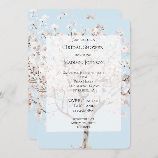 ピンクかわいらしの花の木ブライダルシャワー 招待状 (正面/裏面)