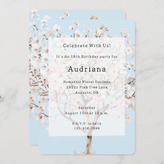 ピンクかわいらしの花の木誕生日 招待状 (正面/裏面)