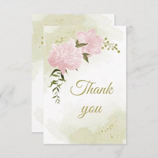 ピンクかわいらしの花の緑の植物 サンキューカード (正面/裏面)
