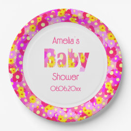 ピンクかわいらしの花の赤パーソナライズされたちゃんシャワー ペーパープレート